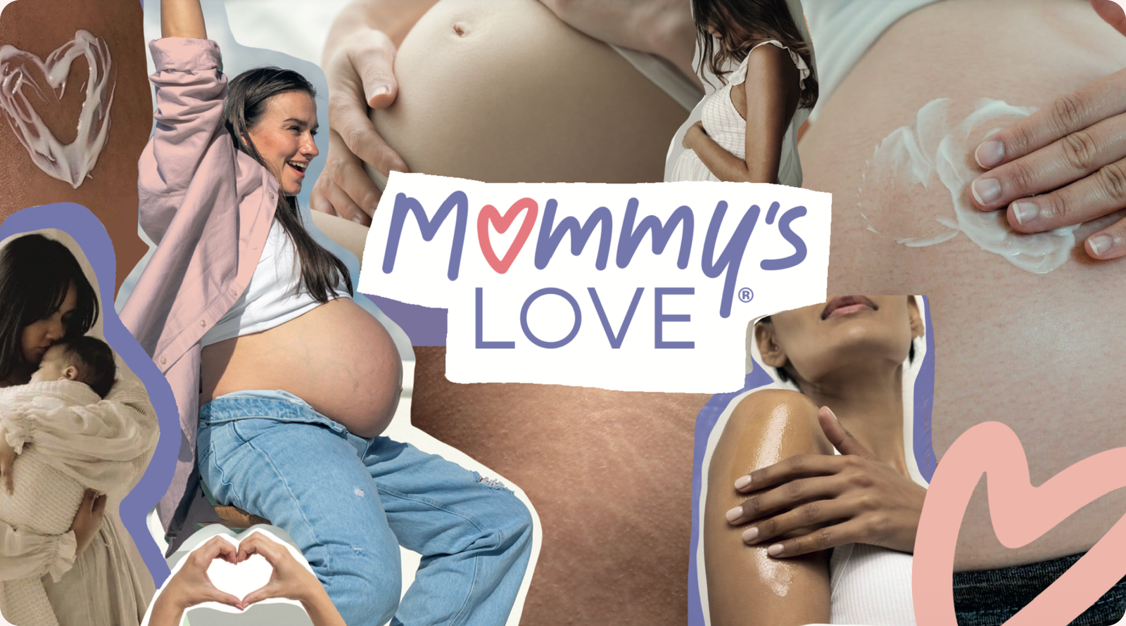 Collage de mamás durante el embarazo y la maternidad, cuidando su piel con productos Mommy's Love