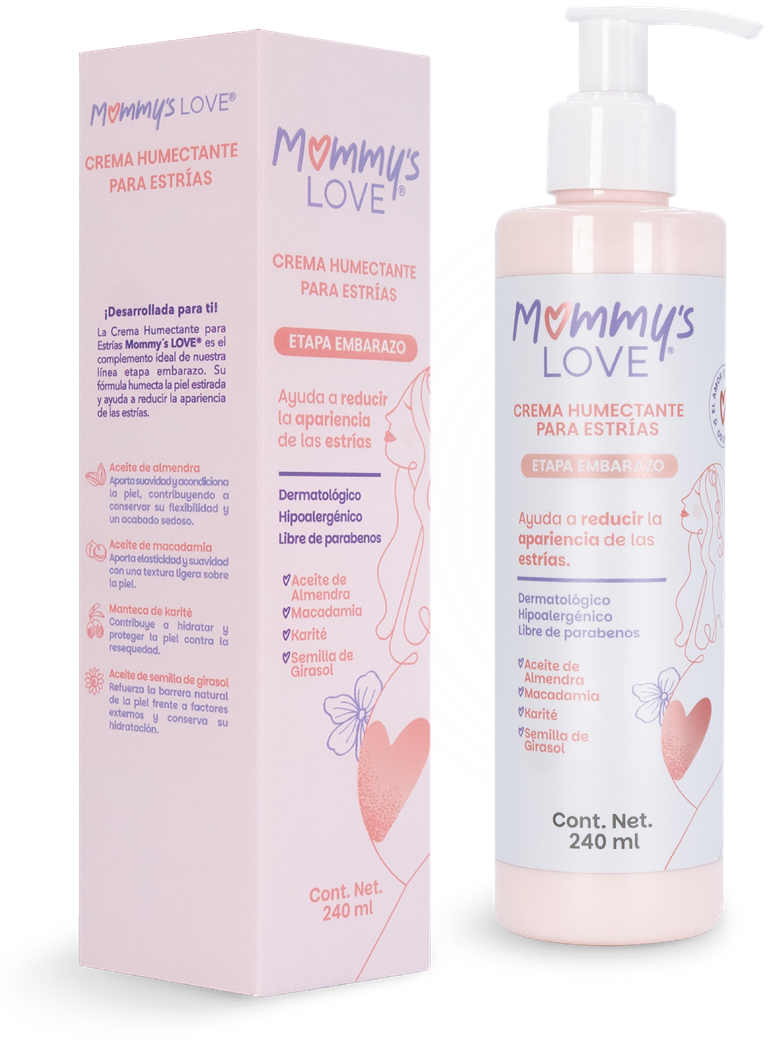 Crema Humectante para estrías Mommy's Love, caja y frasco de 240 ml