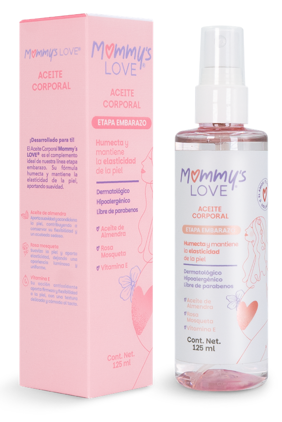 Aceite Corporal Mommy's Love, caja y frasco de 125 ml