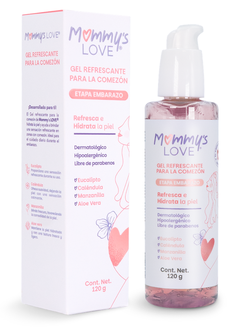 Gel Refrescante para la Comezón Mommy’s Love, caja y frasco de 120 g